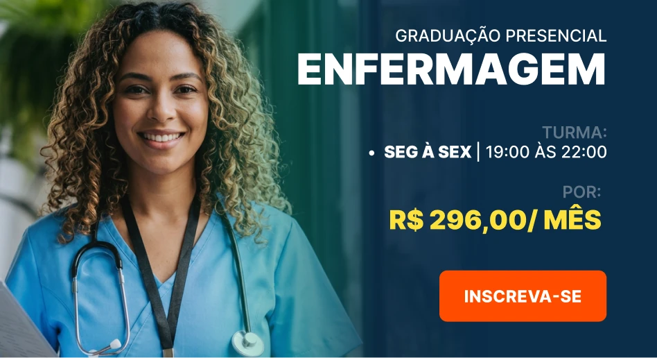 Graduação presencial em Enfermagem: turma de segunda a sexta, das 19h às 20h, por R$ 296,00 por mês. Inscreva-se.